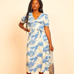 NWT Reformation Bee Midi Dress in Cielo Angel Print Blue White, Women's Size 0